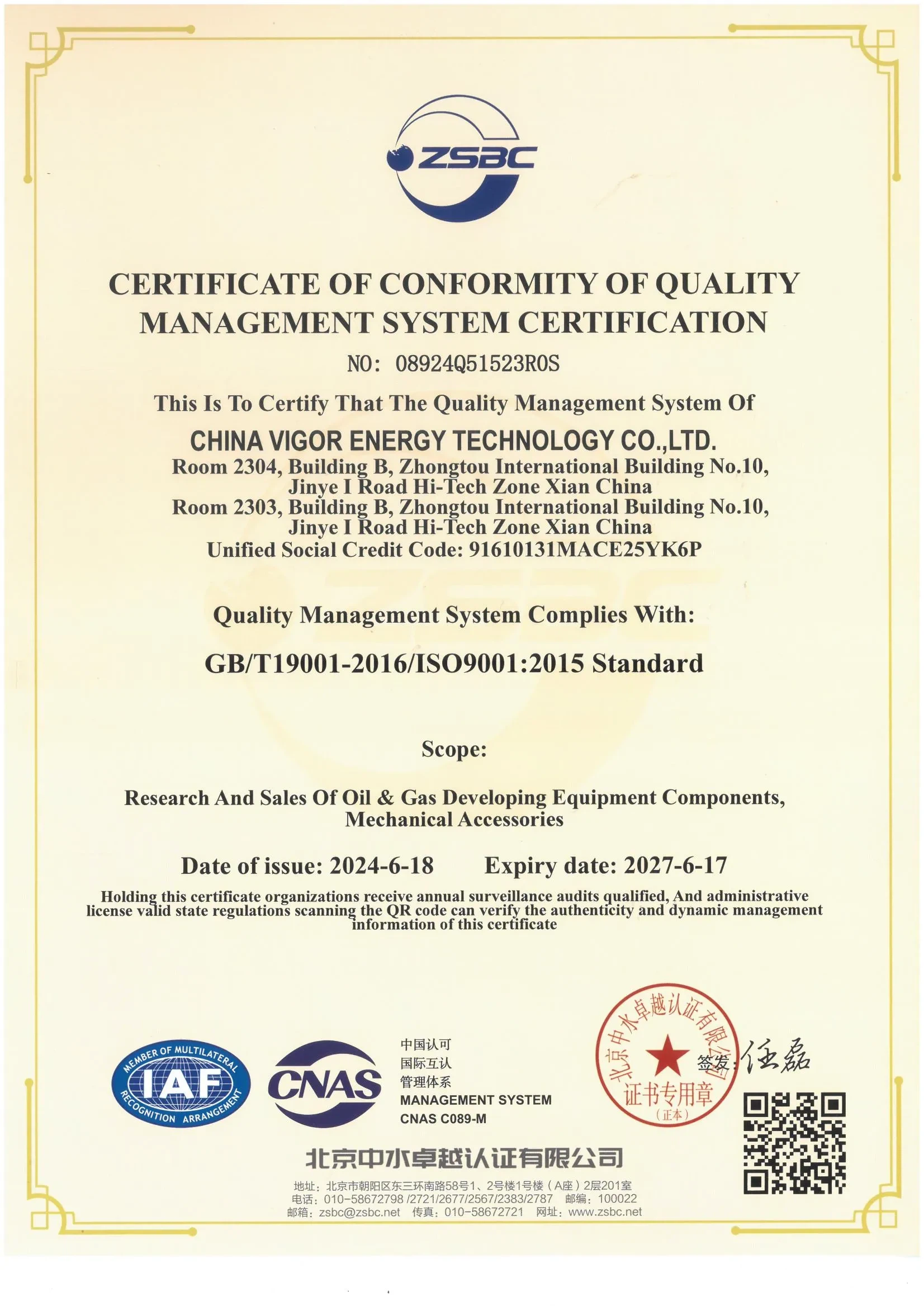 Vigor ISO Certificate